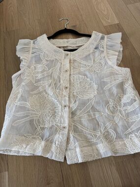 White Embroidered Flutter Sleeve Button-Front Top